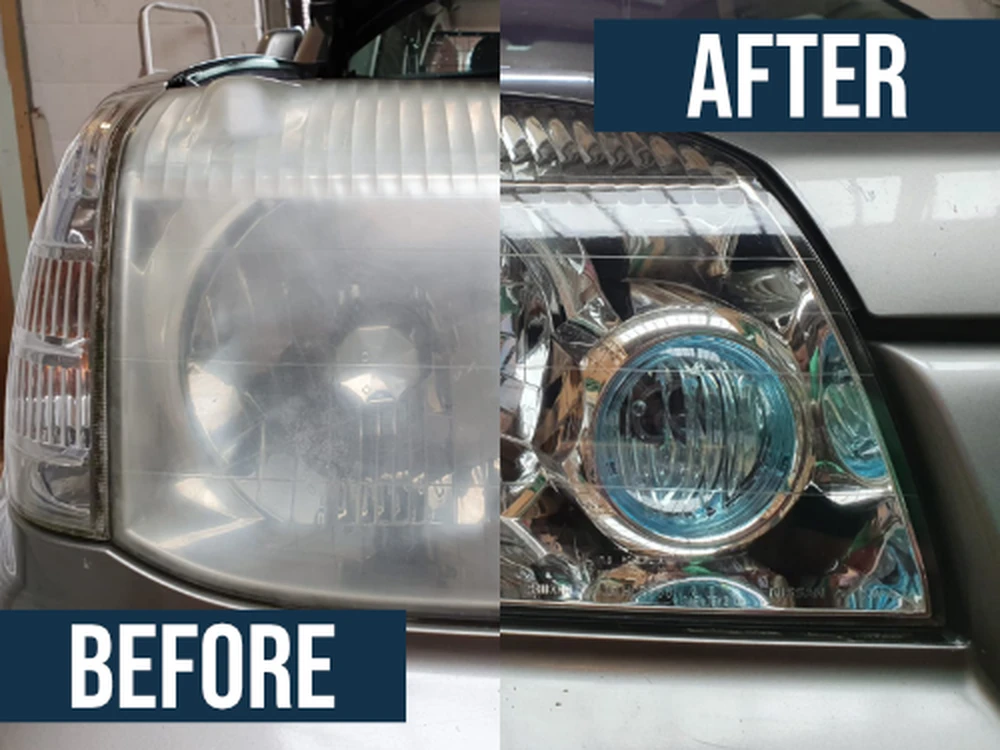 One headlight split down the middle: the left half cloudy and labeled Before, the right half clear and labeled After