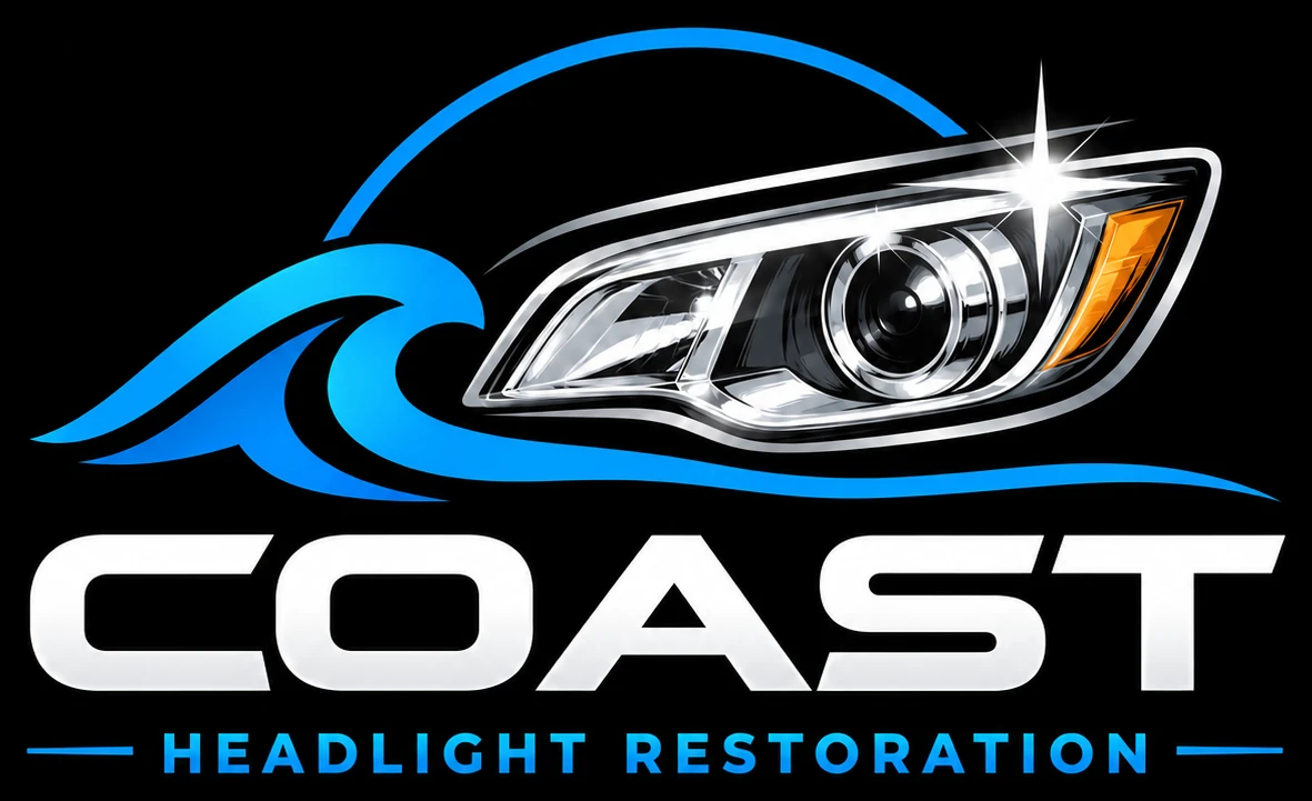 Coast Headlight Restoration logo: a blue wave curling around a clear, polished headlight